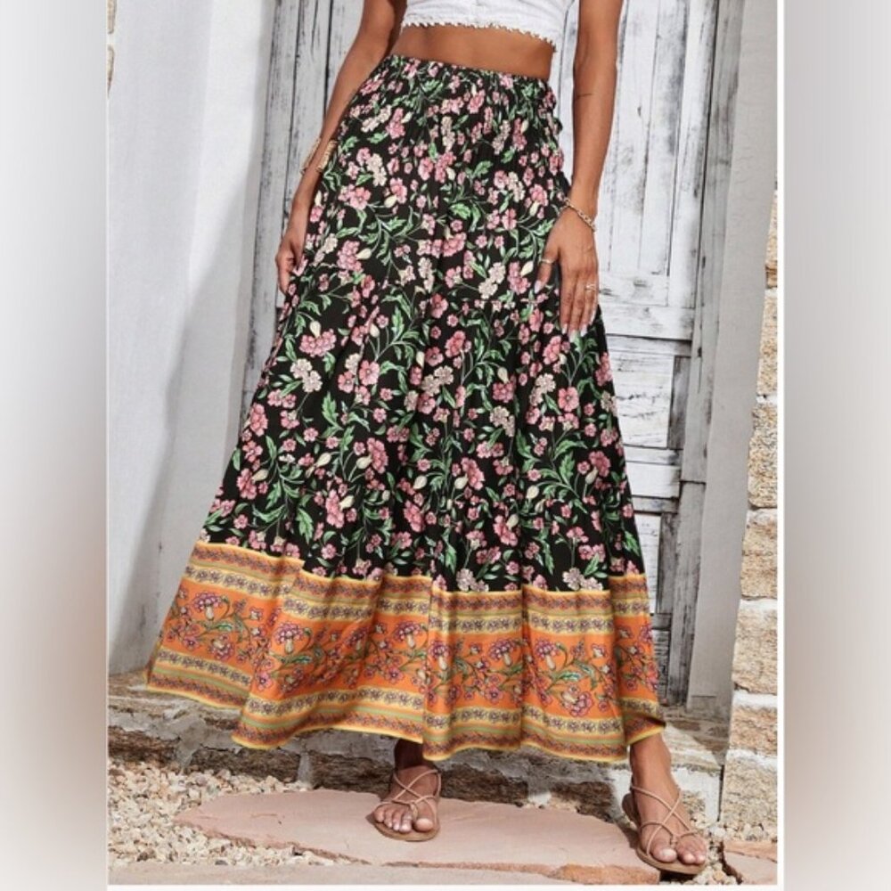 LAST ONE 🔥 Boho Paisley & Floral Print Shirred Ruffle Hem Maxi Skirt